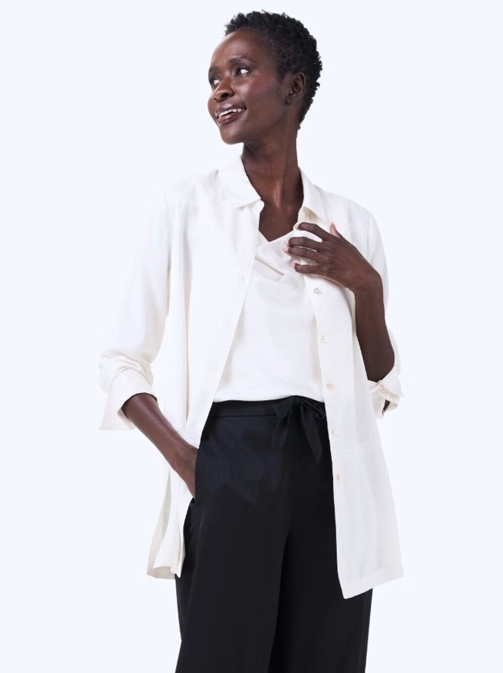NIC+ZOE Women White Cream Satin Crepe Mix Casual Button Down Shirt Size S